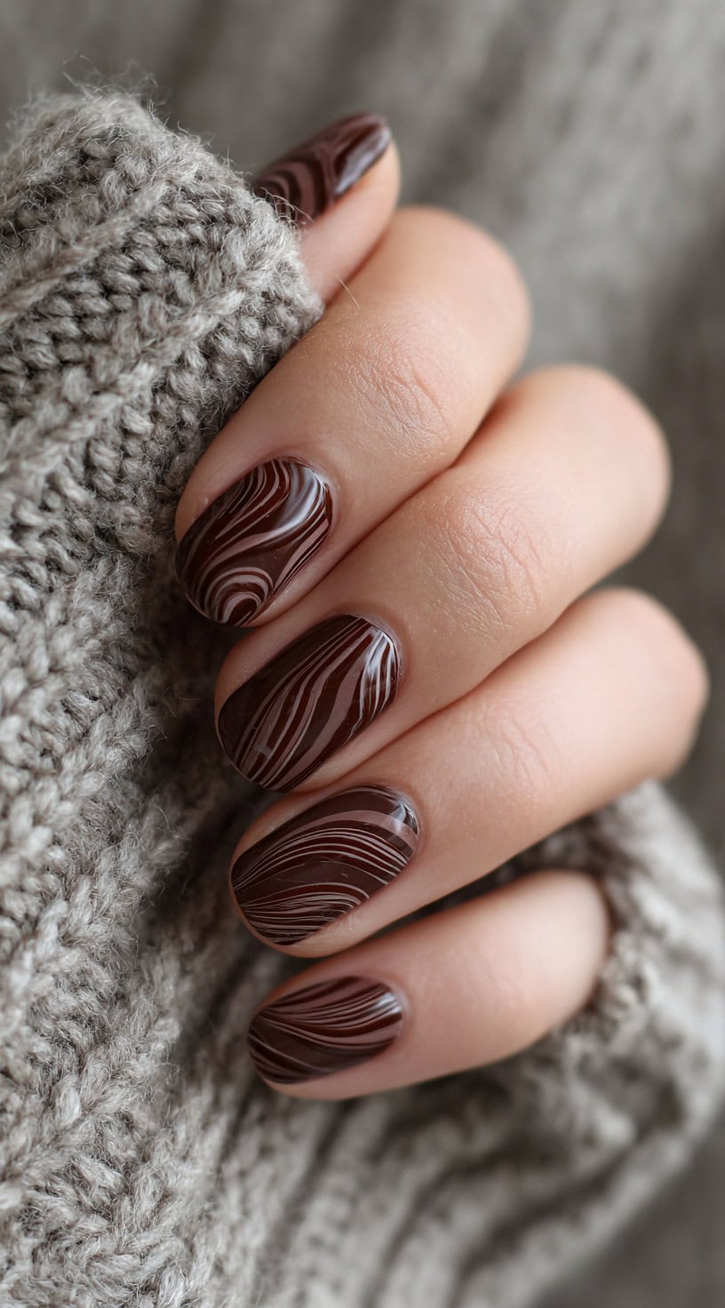 Almond nails with a swirled chocolate and taupe pattern resembling woodgrain or marble texture.