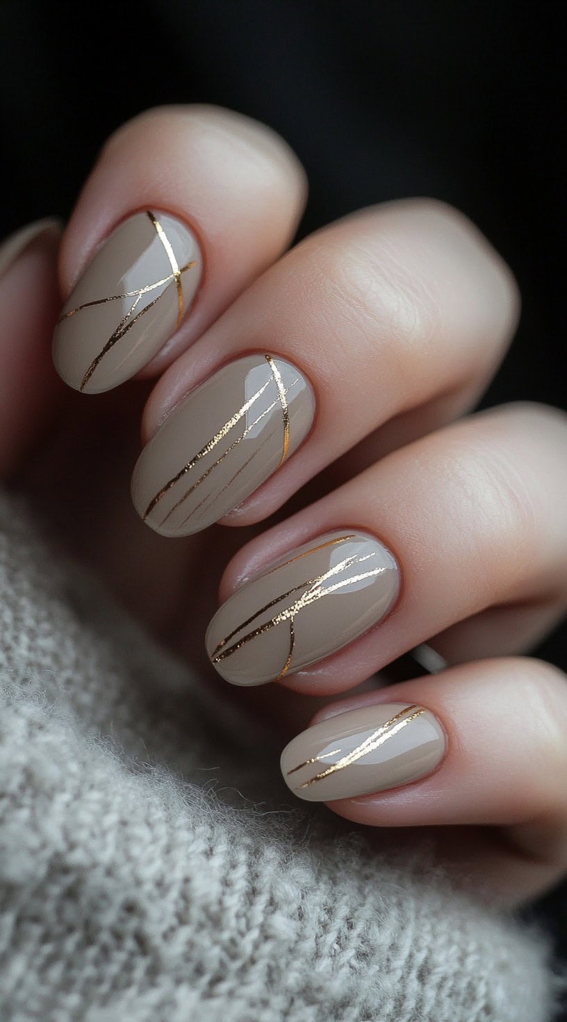 A set of short, rounded taupe nails with thin gold foil streaks creating a chic, minimalist, and luxurious effect.