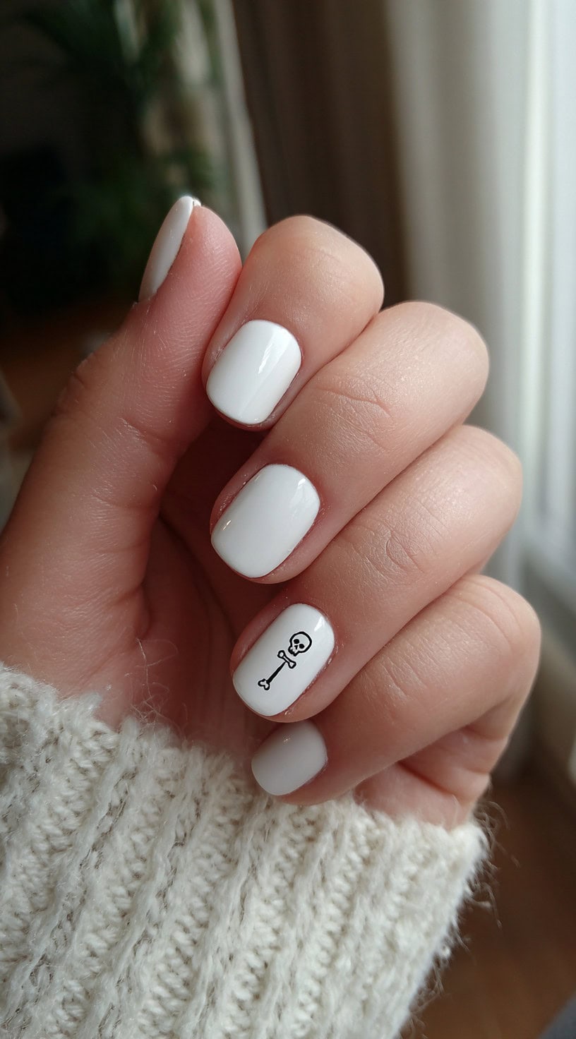 Short, clean white nails with a single tiny skull-and-crossbone detail on the ring finger.
