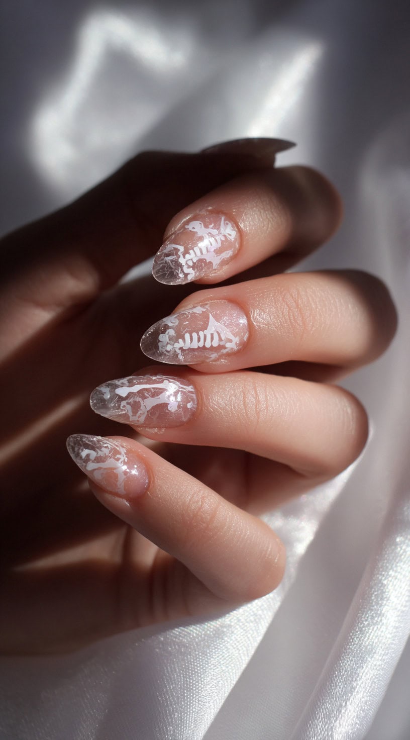Clear almond-shaped nails with subtle white bone designs embedded in a soft, translucent base for a ghostly effect.