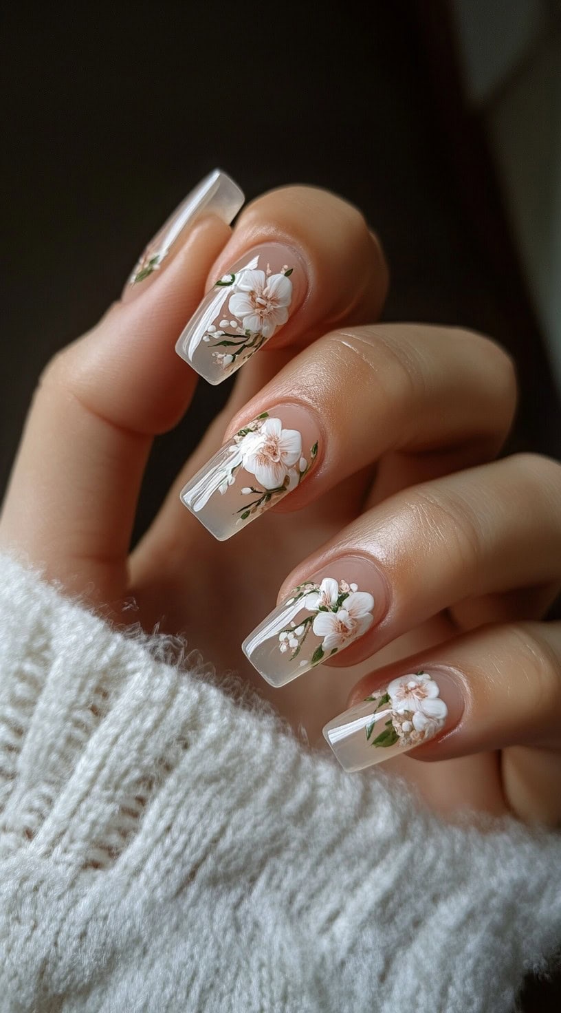 A close-up of long, transparent coffin nails adorned with intricate hand-painted white flowers and soft green stems, creating a romantic and natural bridal look.