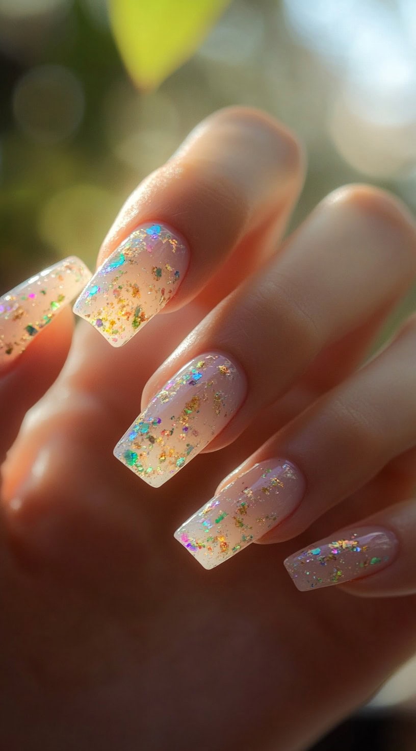 A close-up of long, square-shaped nails with a clear base and iridescent glitter flakes reflecting in natural light.