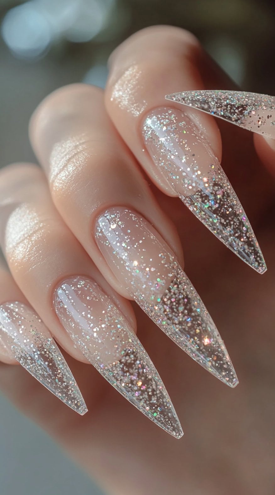 Five long transparent stiletto nails covered in chunky silver holographic glitter fading from tip to base.