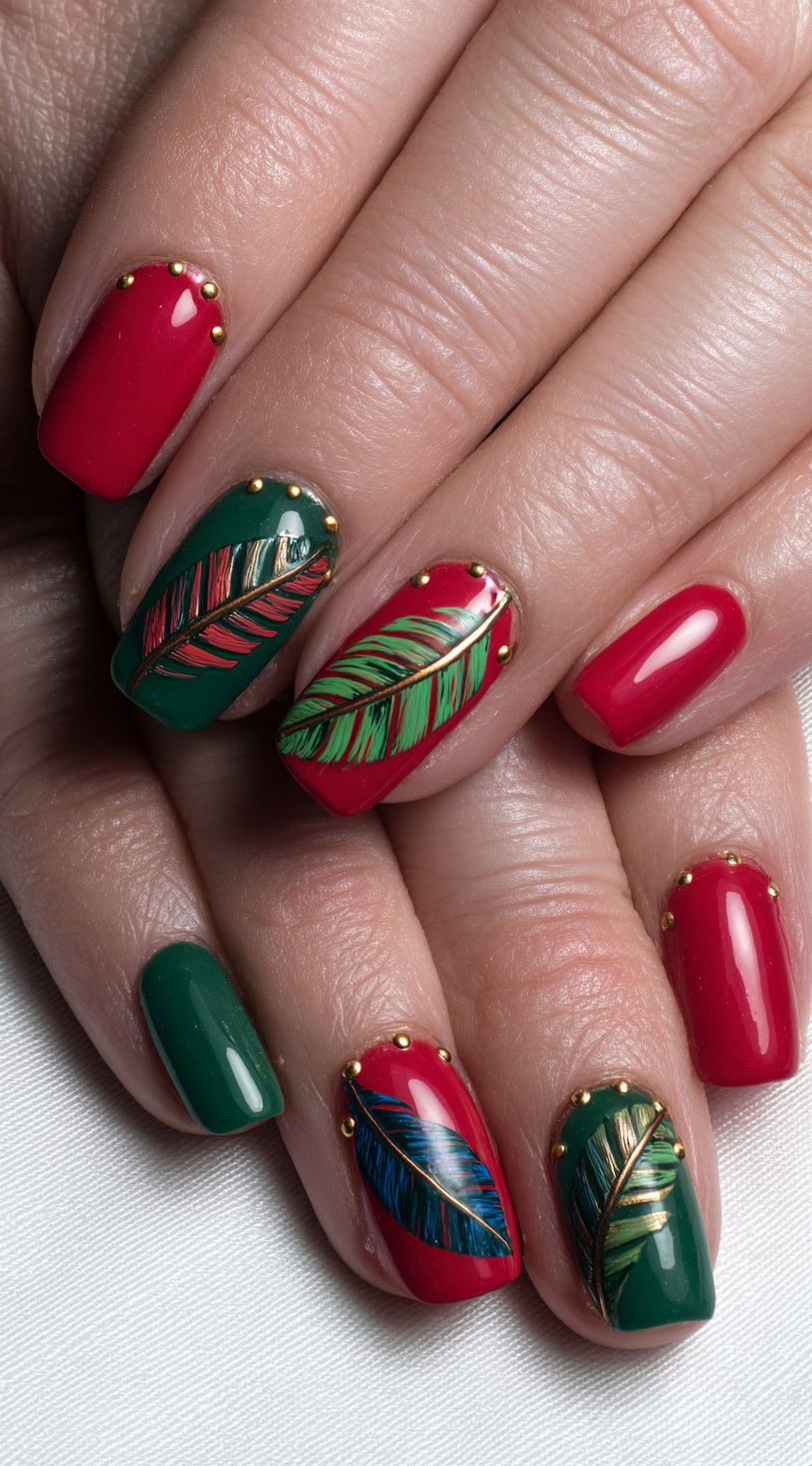 Red and green nails are decorated with detailed feather designs in vibrant hues and gold bead accents at the base.