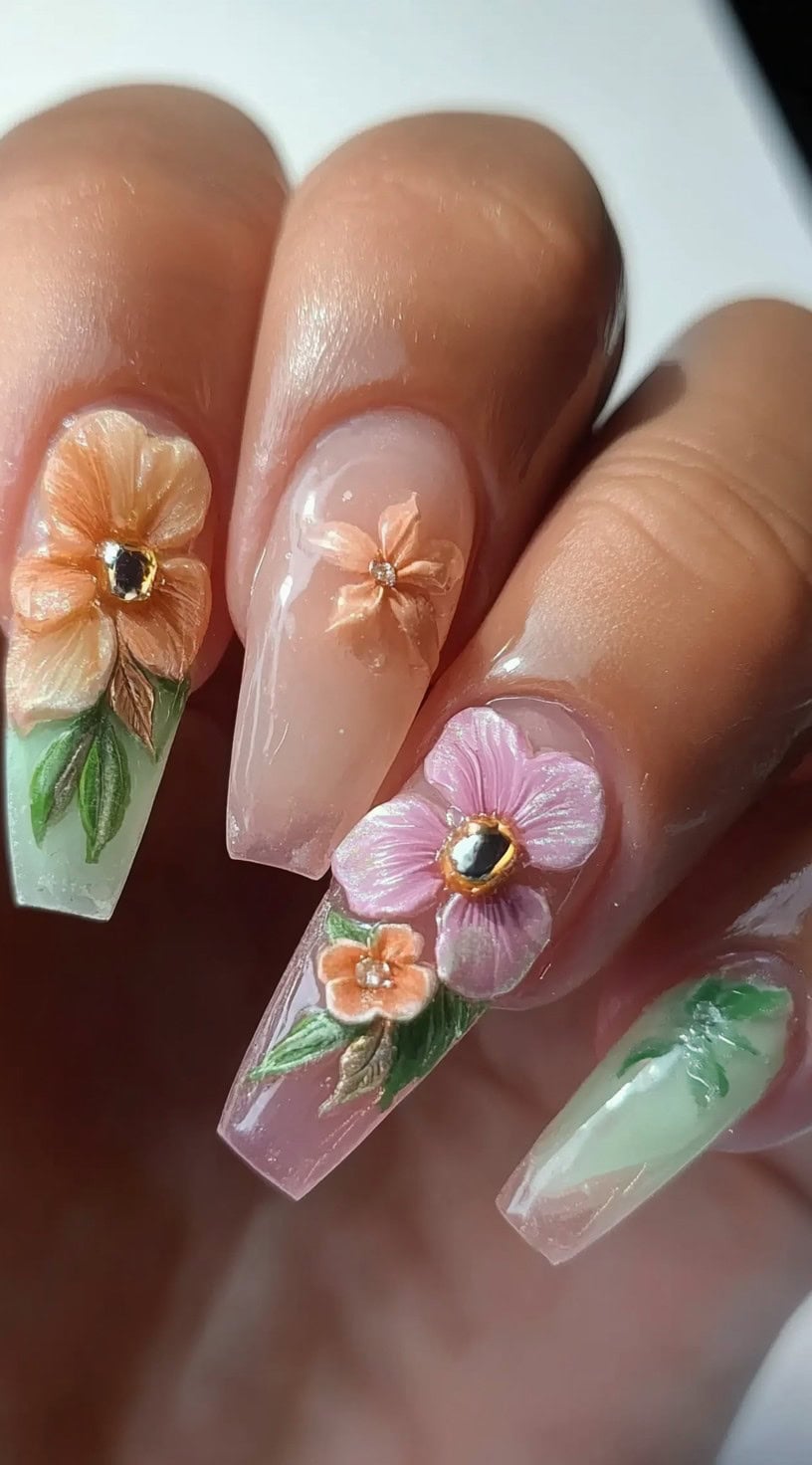 A set of long coffin-shaped nails with a soft ombré base, decorated with pastel orange and pink 3D flowers, green leaves, and gold accents for a tropical-inspired design.