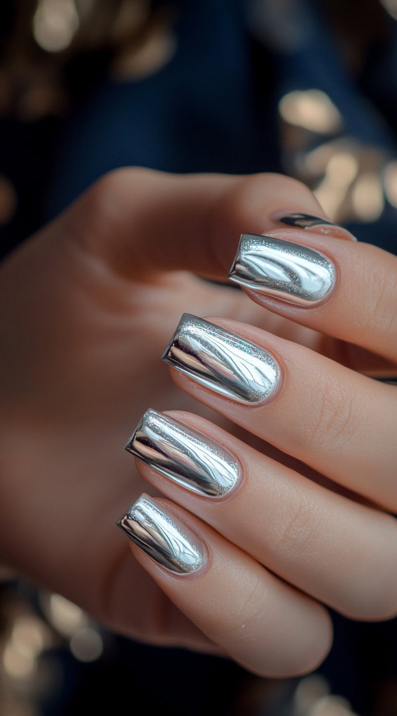 A close-up of square-shaped nails with an ultra-reflective, liquid-metal chrome finish in a deep silver hue.