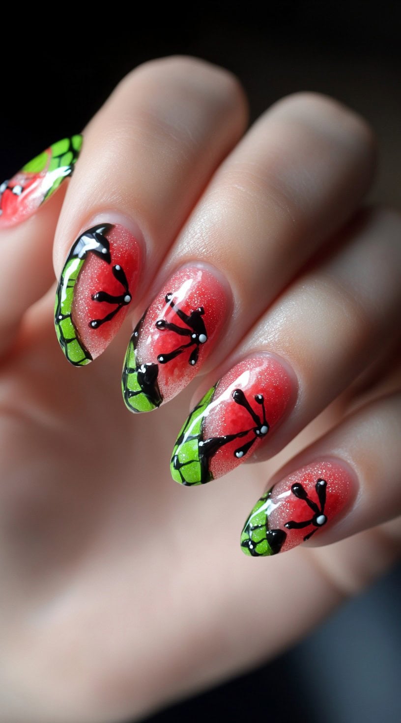 Almond nails painted with a red glittery ombre and oversized floral-style watermelon seeds bordered in green rind.