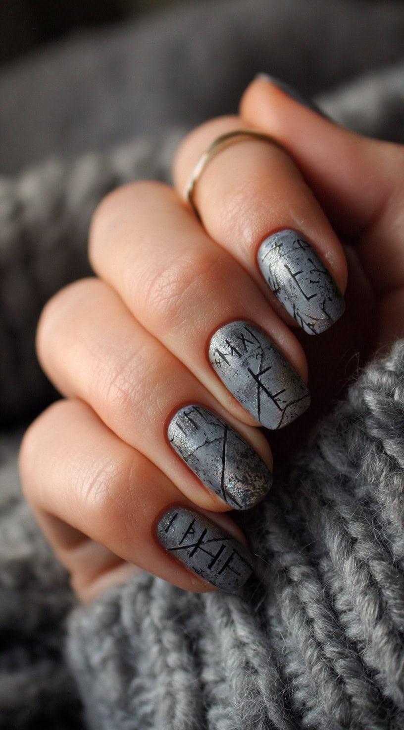 A hand with short square nails painted in textured grey, resembling cracked stone with runes etched in black.