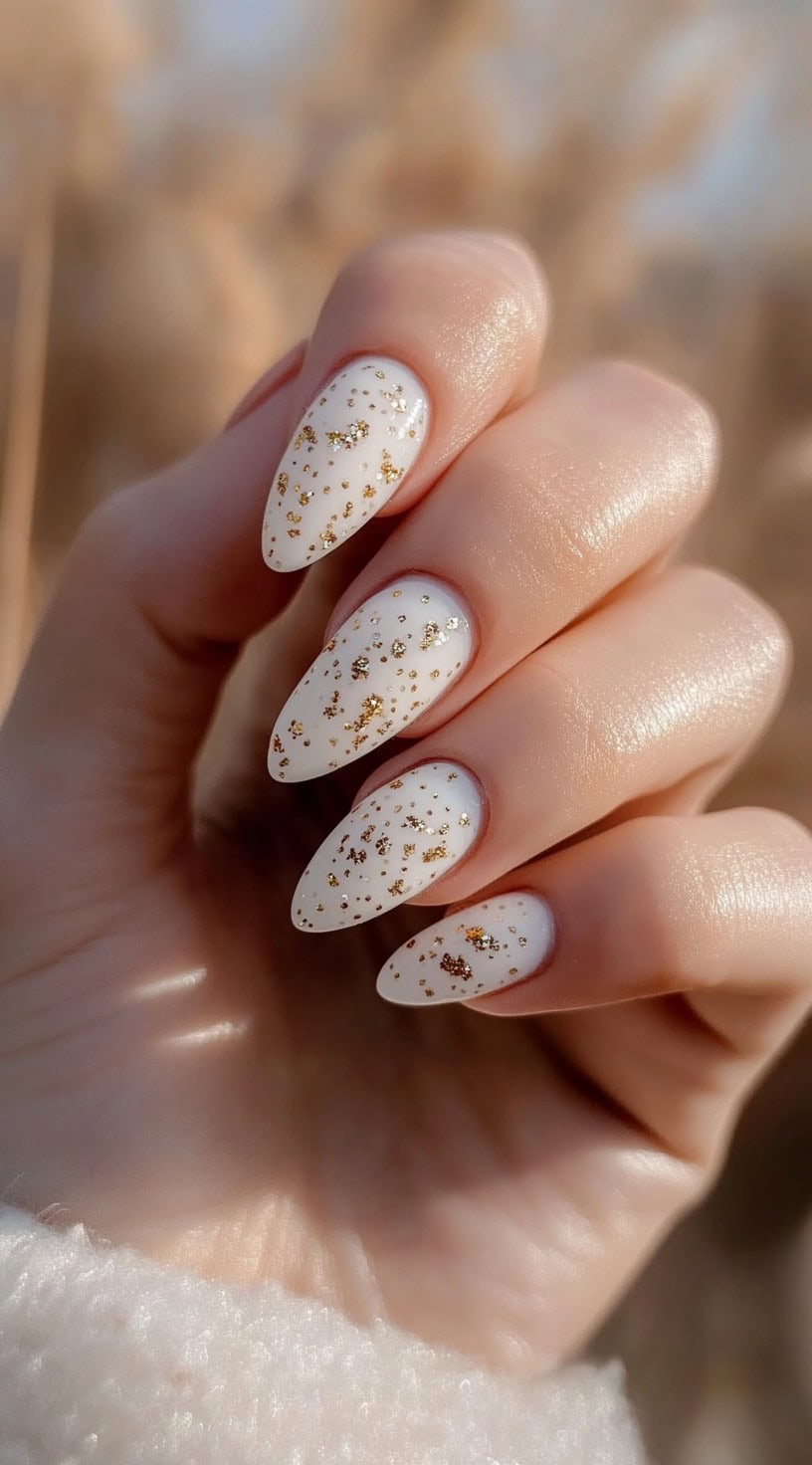 Almond-shaped nails with a creamy white base and scattered gold flecks, offering a subtle yet elegant shimmer.