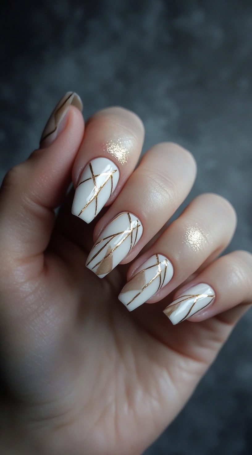 Short, square-shaped nails with a white base, delicate gold geometric lines, and subtle nude cutouts for a modern, structured look.