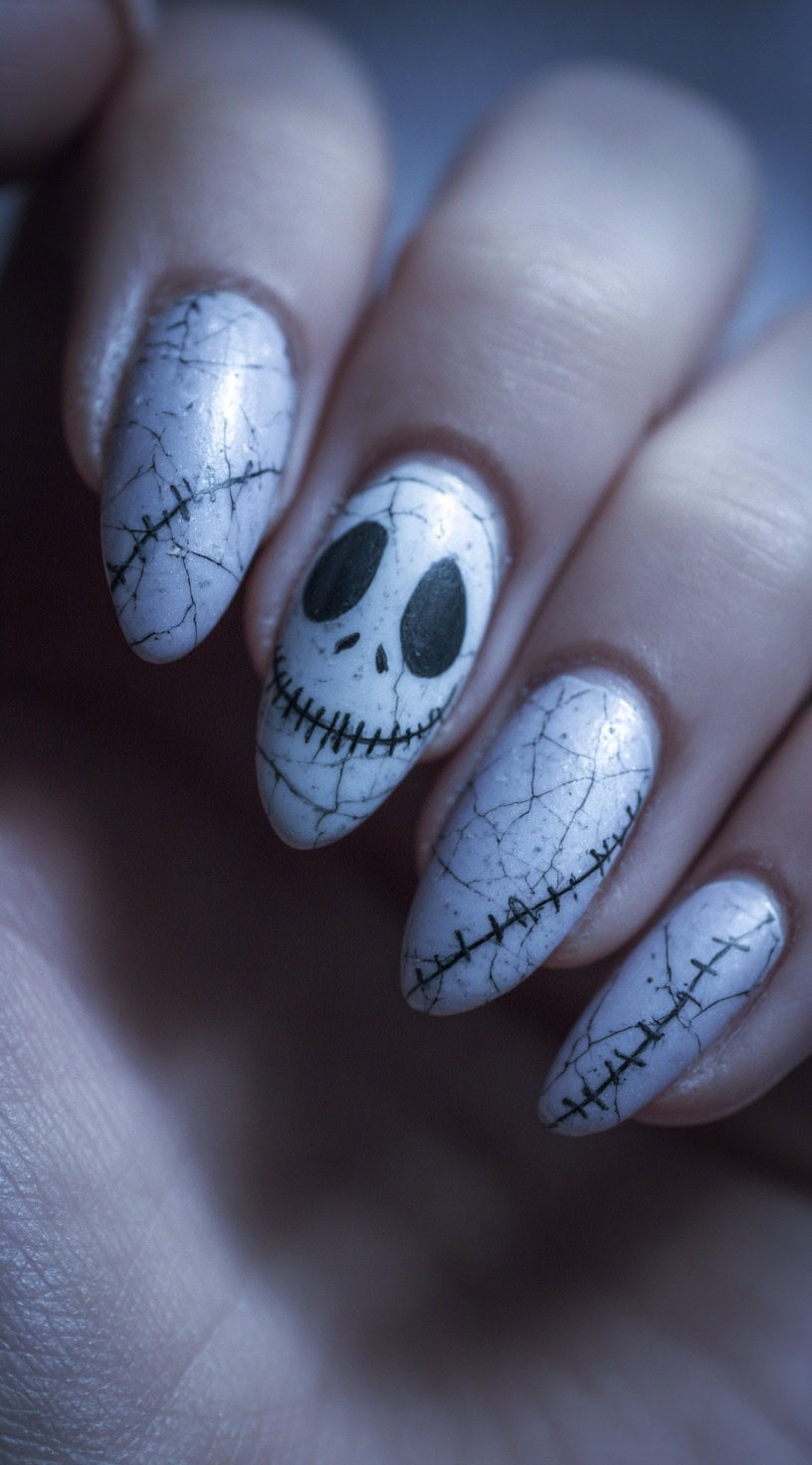 Almond-shaped nails painted white with a cracked effect, Jack Skellington face, and stitched line details.