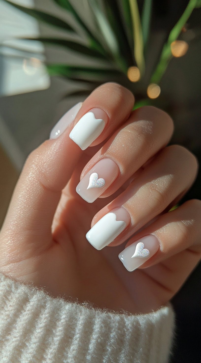 Five short square nails with wavy white French tips and small holographic heart accents on a clear nude base.