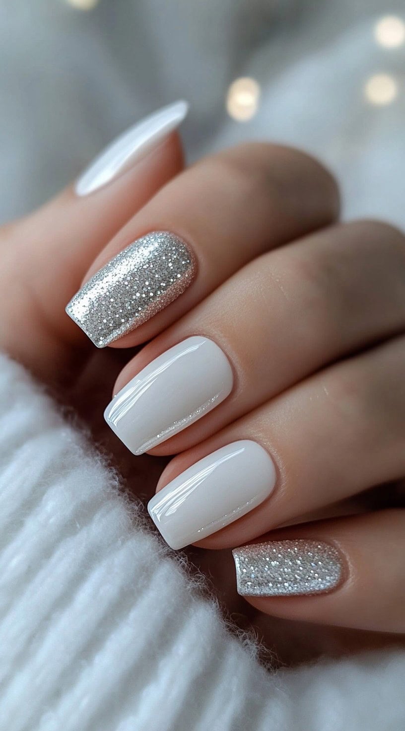 A close-up of a bride's hand with short, square-shaped nails featuring glossy white polish and silver glitter accents on two nails, creating a chic and elegant wedding look.