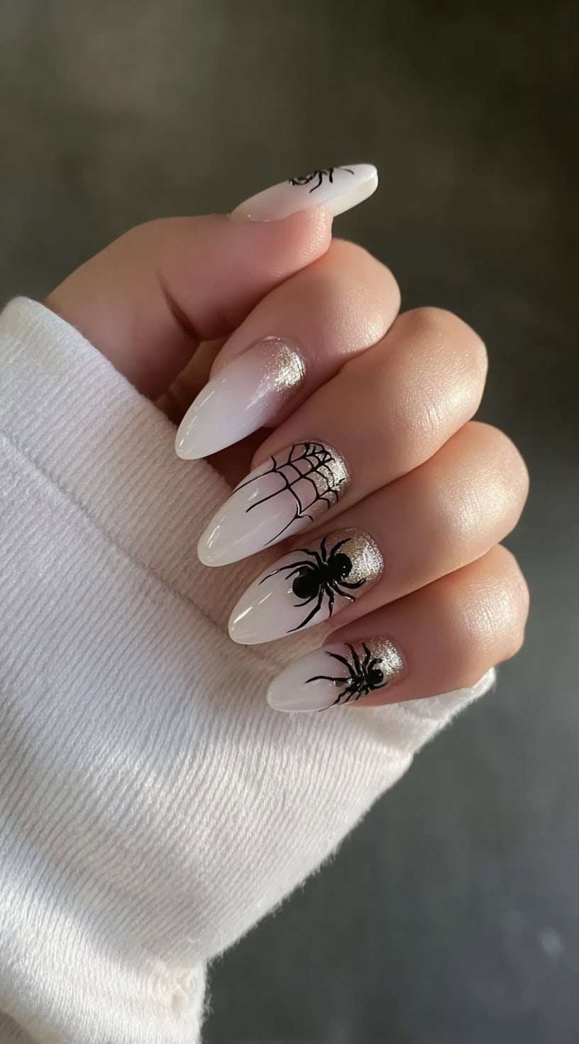 A hand with almond-shaped nails that fade from white to nude and feature black spider decals and gold glitter at the base.