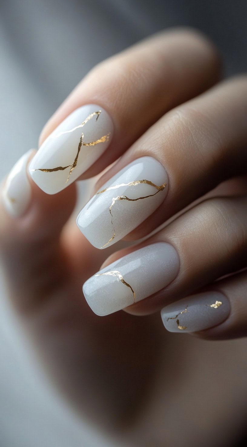 A close-up of a hand with medium-length, square-shaped nails painted in soft white with delicate gold crack-like accents, inspired by the Japanese Kintsugi technique.