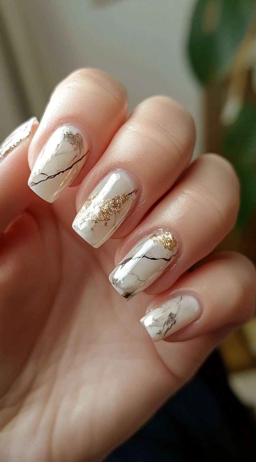 A close-up of square-shaped white marble nails with delicate black veins and gold foil accents, creating a luxurious wedding nail look.