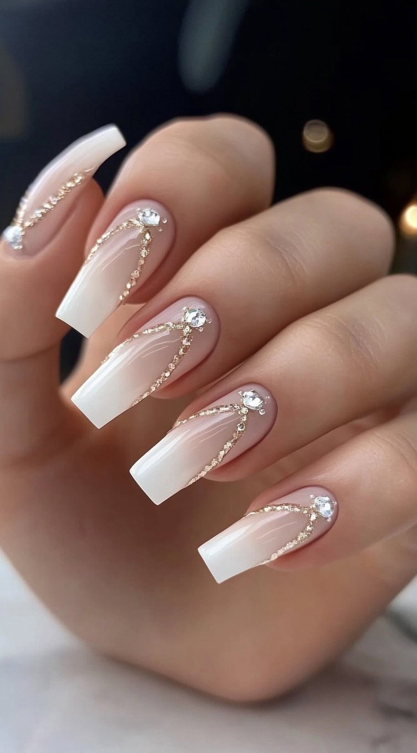 Square-shaped white ombré nails with glittering gold swirl lines and crystal accents.