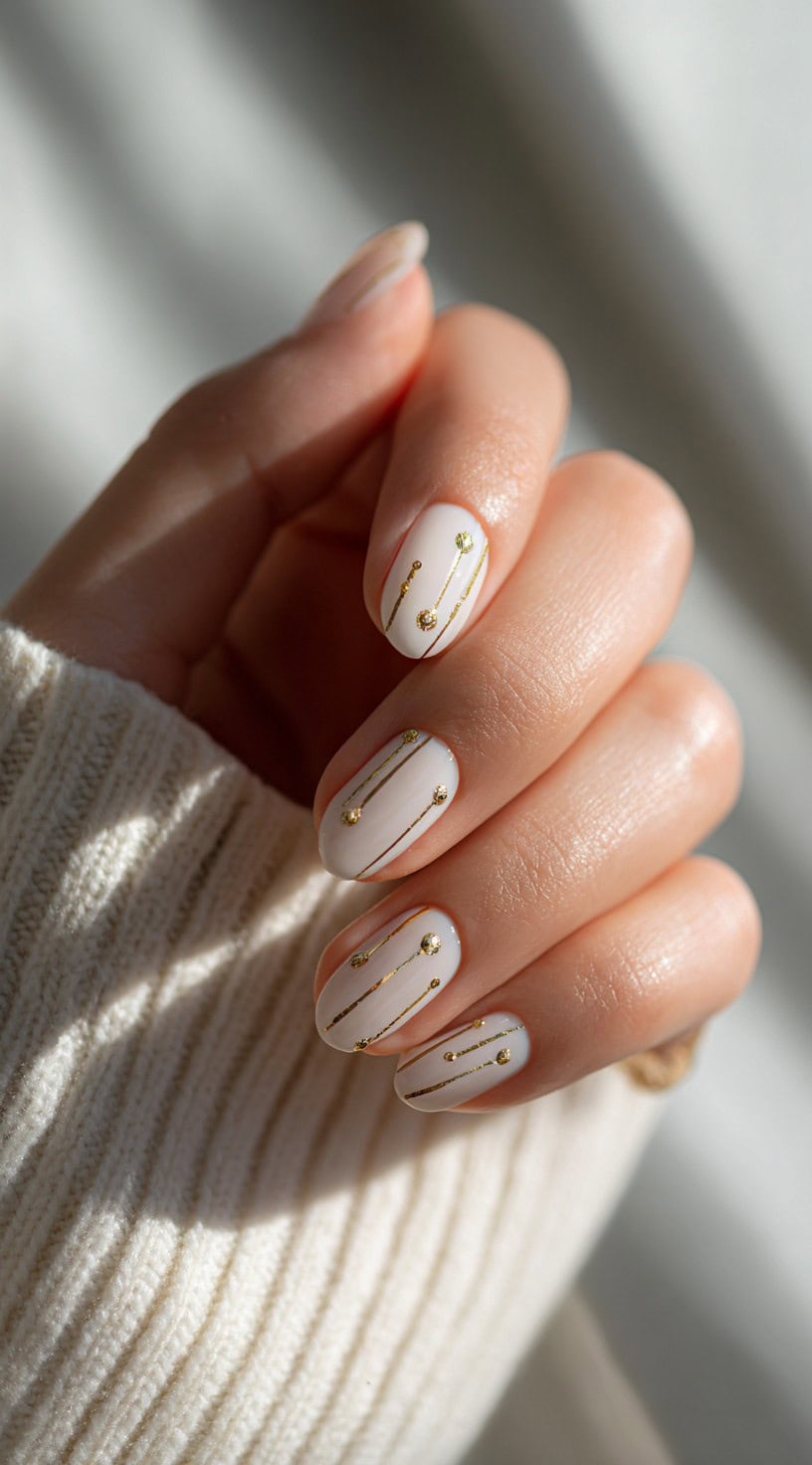 Short round nails painted in sheer white, each adorned with vertical gold striping and tiny gem details.