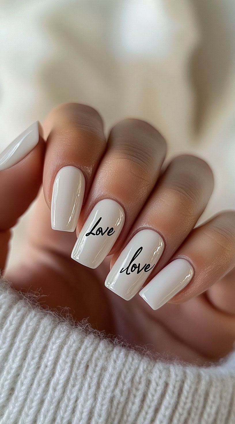 Glossy white square nails with the word 'Love' written in black script across two nails.