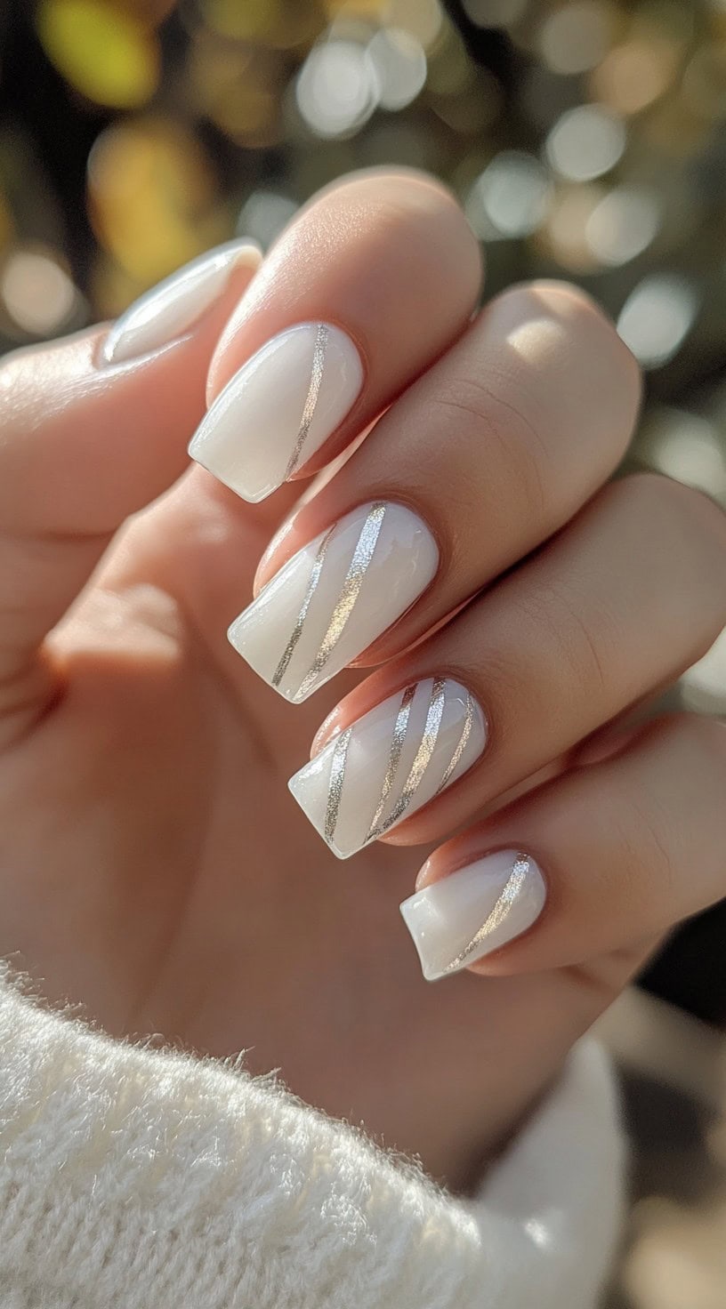 Square white nails with clean diagonal and vertical silver foil stripe designs.
