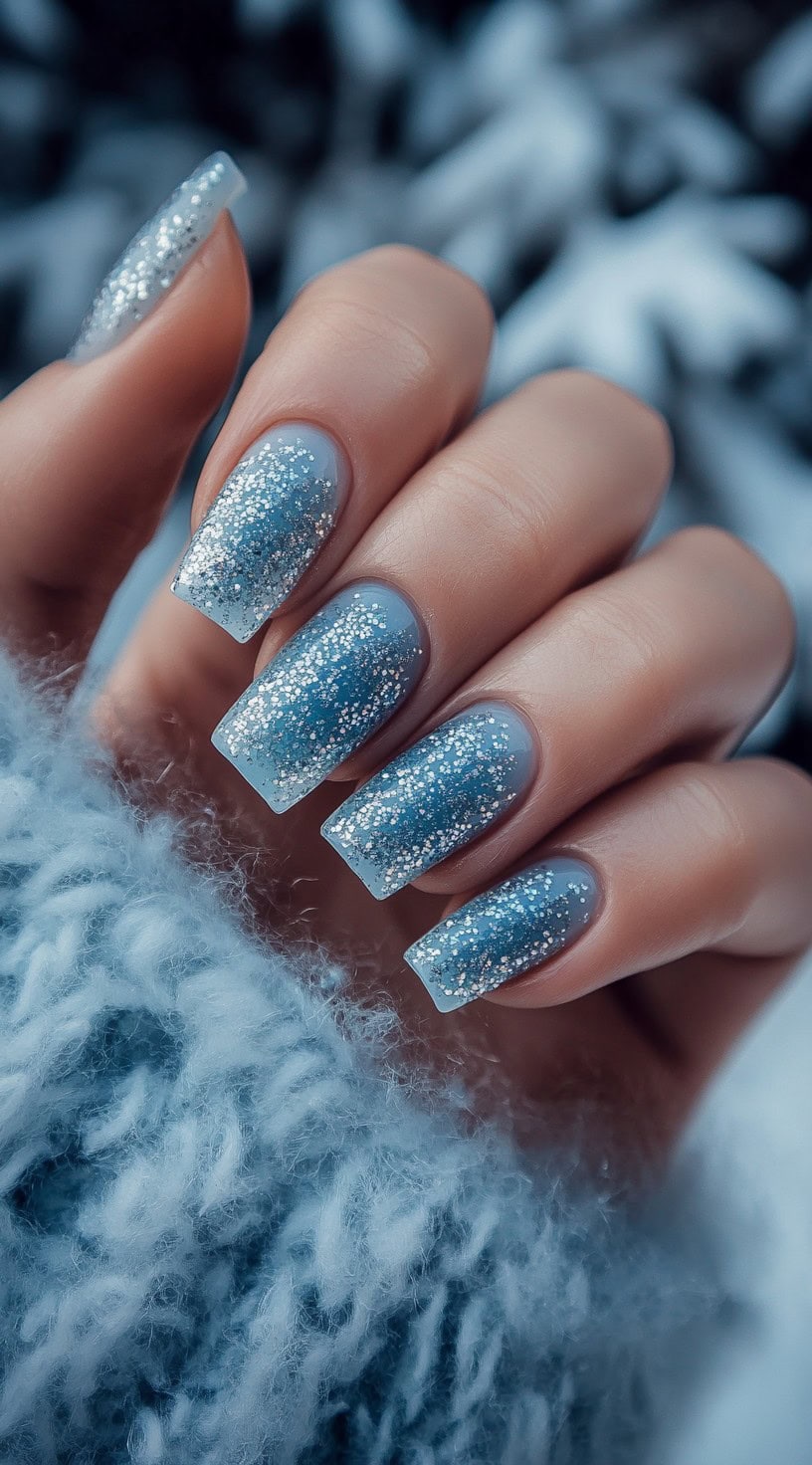 A set of square nails in a soft blue shade, featuring silver glitter fading from the tips downward.