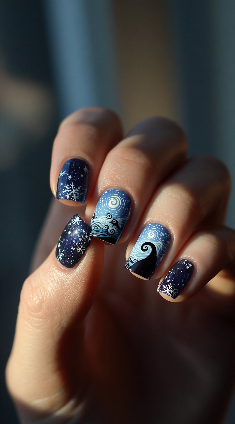 Hand with short square nails in shades of navy and blue featuring swirling skies, snowflakes, and Spiral Hill.