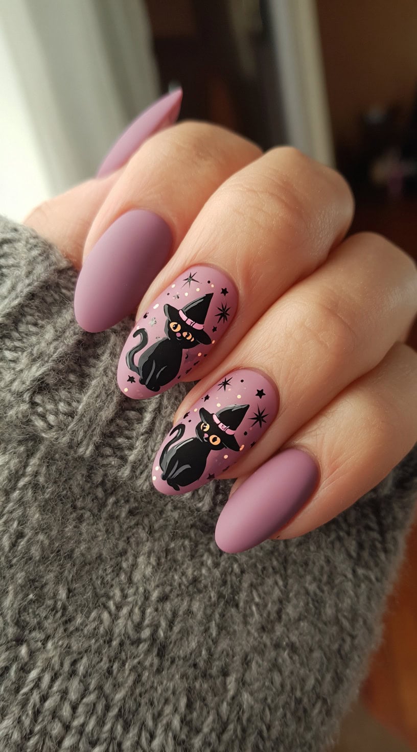 Almond-shaped nails with a matte dusty pink base, decorated with black cats wearing witch hats and surrounded by stars.